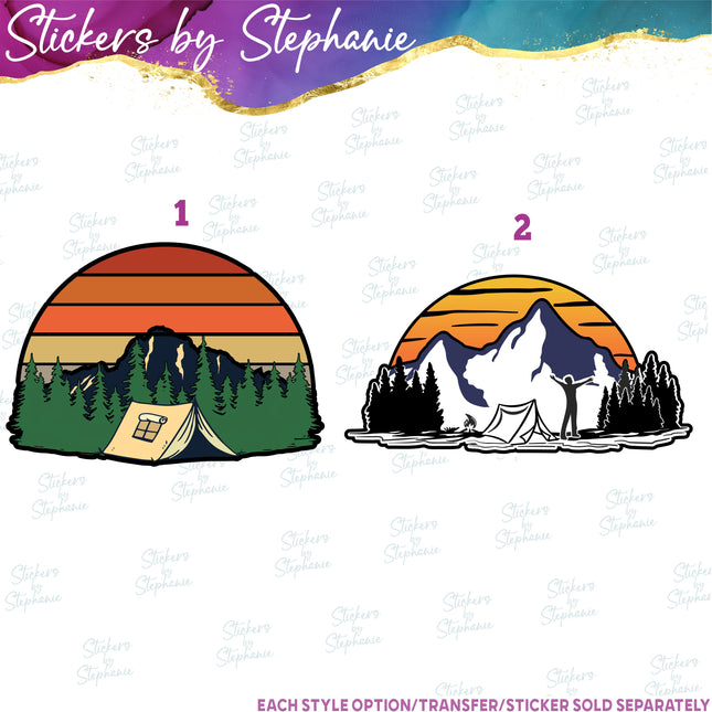 (s02-055) Mountains Tent Camping Illustrated Graphic Iron-On Transfer