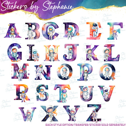 (s11-048) Astronaut Space Galaxy Letters Graphic Iron-On Transfer or Sticker