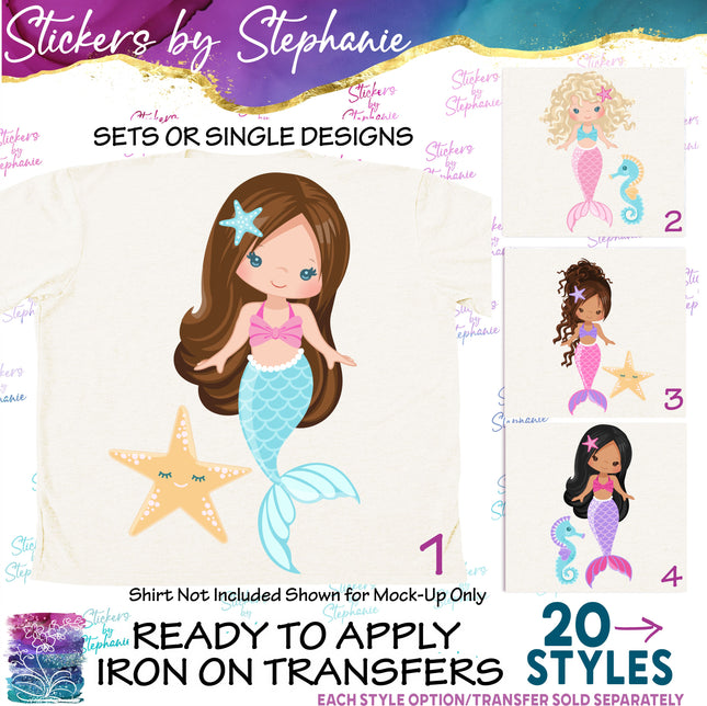 (s02-058) Mermaid & Friend Illustrated Graphic Iron-On Transfer