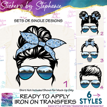 (s02-006) Messy Bun Family Lake Sunglasses Graphic Iron-On Transfer or Sticker or Sticker