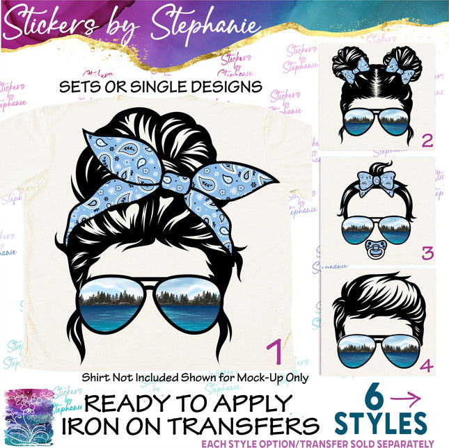 (s02-006) Messy Bun Family Lake Sunglasses Graphic Iron-On Transfer