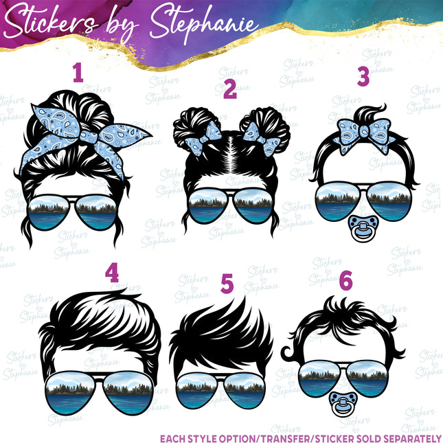 (s02-006) Messy Bun Family Lake Sunglasses Graphic Iron-On Transfer
