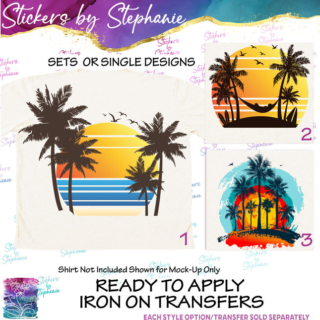 (s02-062) Retro Sunset Beach Graphic Iron-On Transfer