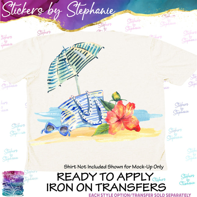 (s02-063) Beach Umbrella Bag Illustrated Graphic Iron-On Transfer or Sticker