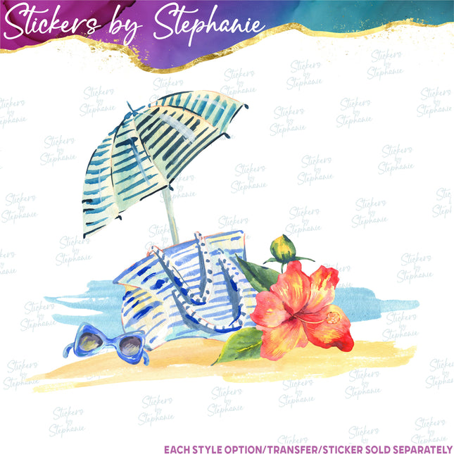 (s02-063) Beach Umbrella Bag Illustrated Graphic Iron-On Transfer or Sticker