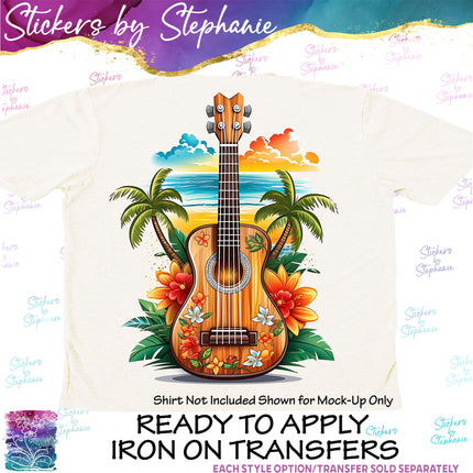(s02-065) Beach Guitar Tropical Graphic Iron-On Transfer or Sticker