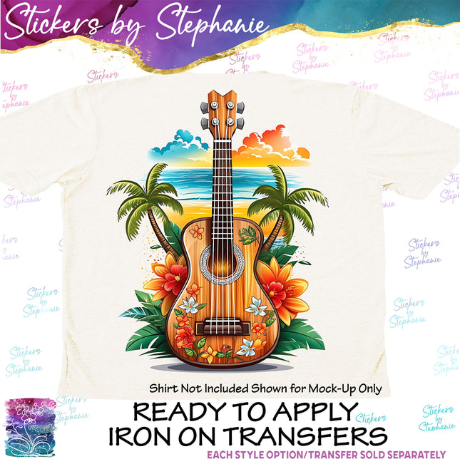(s02-065) Beach Guitar Tropical Graphic Iron-On Transfer or Sticker