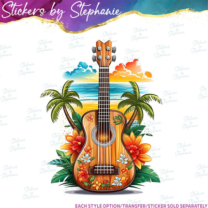 (s02-065) Beach Guitar Tropical Graphic Iron-On Transfer or Sticker