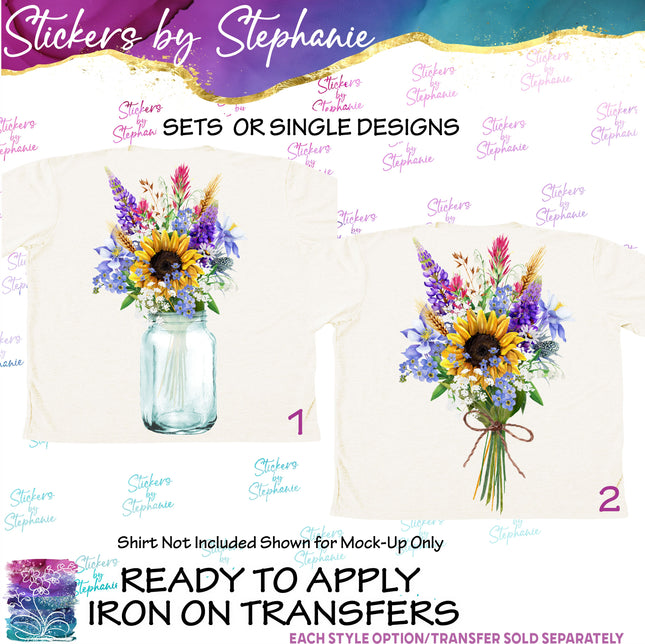 (s02-068) Wildflowers Bouquet Mason Jar Graphic Iron-On Transfer