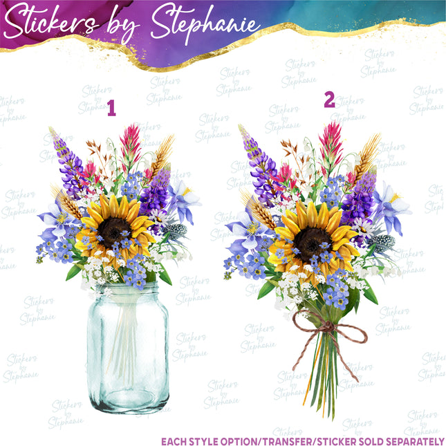 (s02-068) Wildflowers Bouquet Mason Jar Graphic Iron-On Transfer