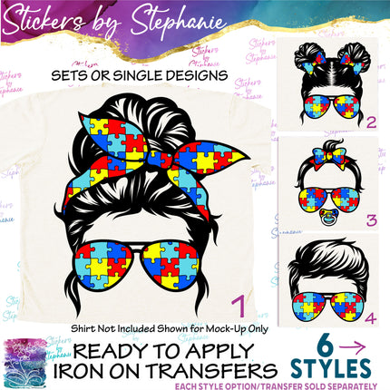 (s02-007) Messy Bun Family Autism Puzzle Print Sunglasses Graphic Iron-On Transfer or Sticker
