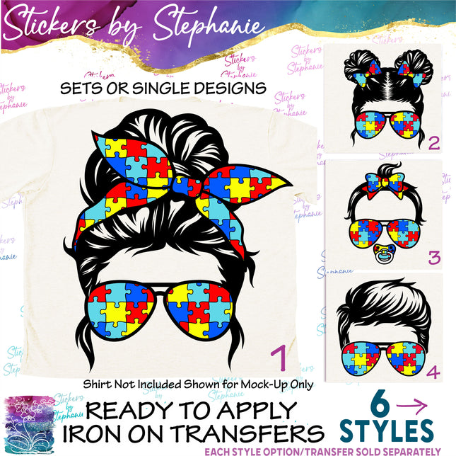 (s02-007) Messy Bun Family Autism Puzzle Print Sunglasses Graphic Iron-On Transfer
