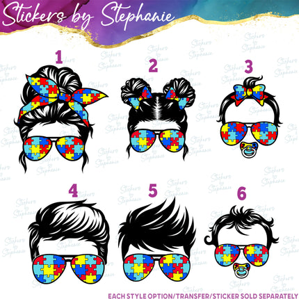 (s02-007) Messy Bun Family Autism Puzzle Print Sunglasses Graphic Iron-On Transfer or Sticker