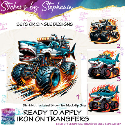 (s02-072) Shark Monster Truck Graphic Iron-On Transfer or Sticker