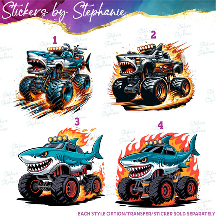 (s02-072) Shark Monster Truck Graphic Iron-On Transfer or Sticker