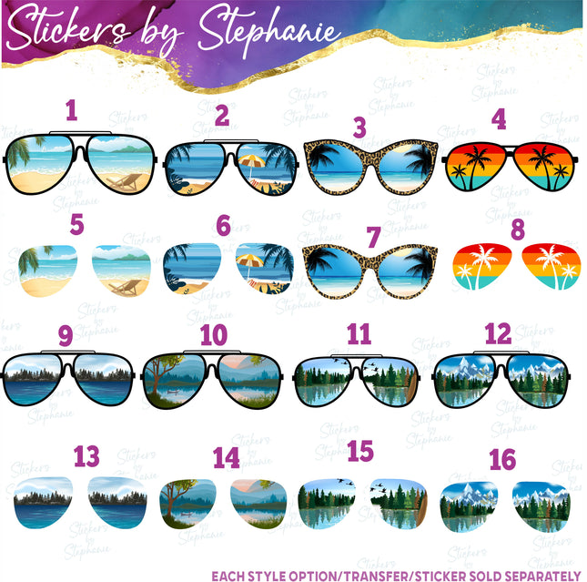 (s02-077) Beach View Reflection Sunglasses Graphic Iron-On Transfer