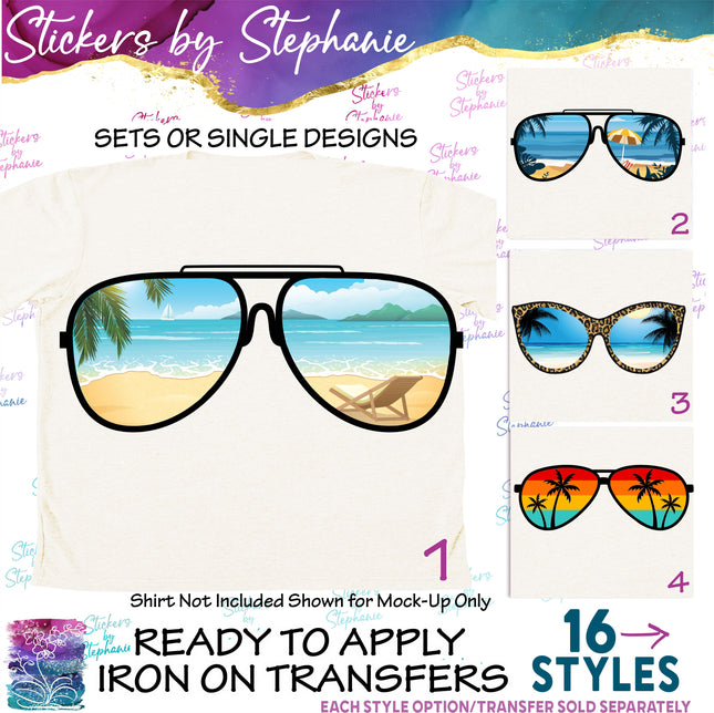 (s02-077) Beach View Reflection Sunglasses Graphic Iron-On Transfer