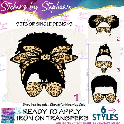 (s02-008) Messy Bun African American Leopard Print Sunglasses Graphic Iron-On Transfer or Sticker