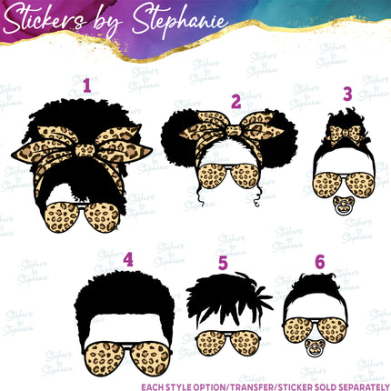 (s02-008) Messy Bun African American Leopard Print Sunglasses Graphic Iron-On Transfer or Sticker