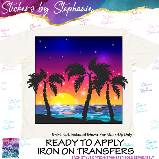 (s02-083) Sunset Beach Illustrated Graphic Iron-On Transfer or Sticker