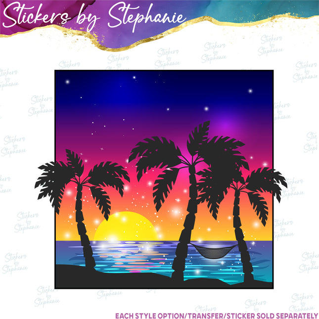 (s02-083) Sunset Beach Illustrated Graphic Iron-On Transfer or Sticker