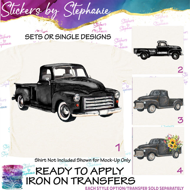 (s02-084) Black Retro Vintage Truck Graphic Iron-On Transfer