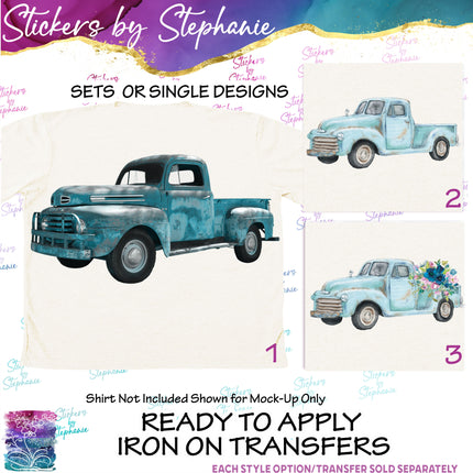 (s02-085) Teal Blue Retro Vintage Truck Graphic Iron-On Transfer or Sticker