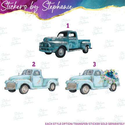 (s02-085) Teal Blue Retro Vintage Truck Graphic Iron-On Transfer or Sticker