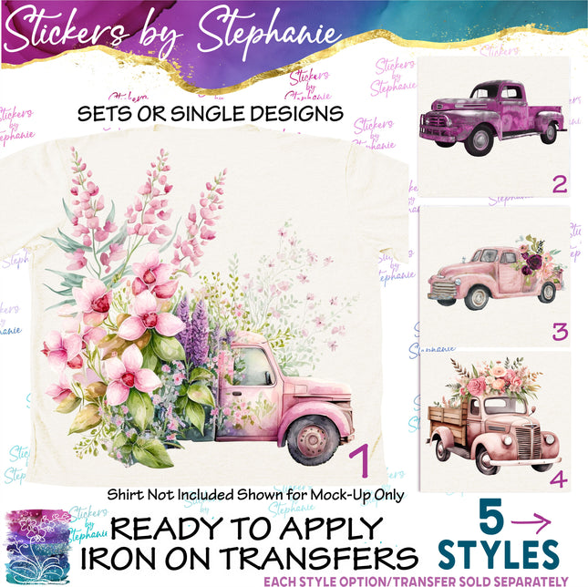 (s02-087) Pink Flowers Floral Retro Vintage Truck Graphic Iron-On Transfer
