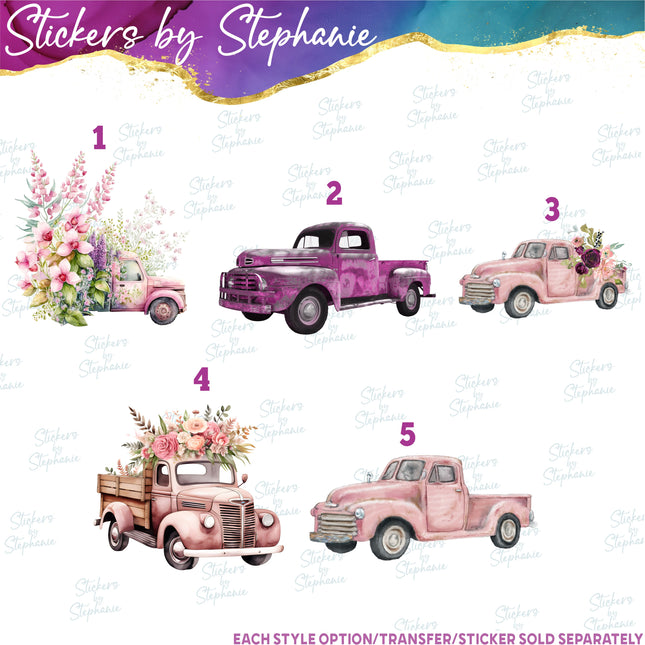 (s02-087) Pink Flowers Floral Retro Vintage Truck Graphic Iron-On Transfer