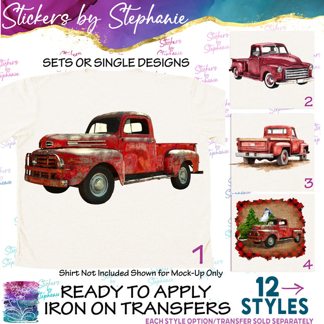 (s02-089) Red Retro Vintage Truck Graphic Iron-On Transfer