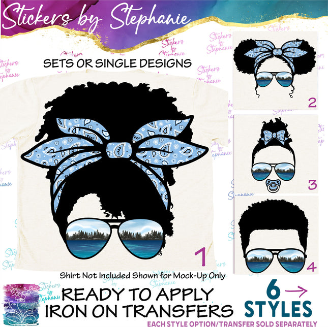 (s02-009) Messy Bun African-American Family Lake Sunglasses Graphic Iron-On Transfer