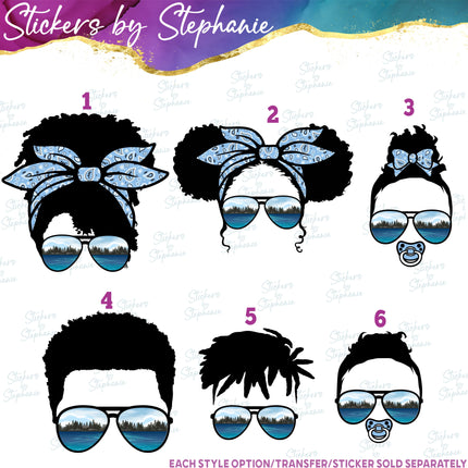 (s02-009) Messy Bun African American Family Lake Sunglasses Graphic Iron-On Transfer or Sticker