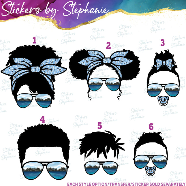 (s02-009) Messy Bun African-American Family Lake Sunglasses Graphic Iron-On Transfer