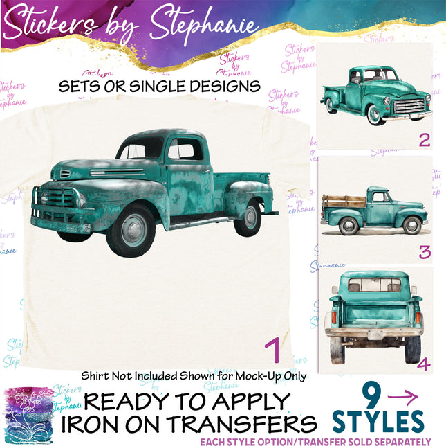 (s02-090) Turquoise Retro Vintage Truck Graphic Iron-On Transfer