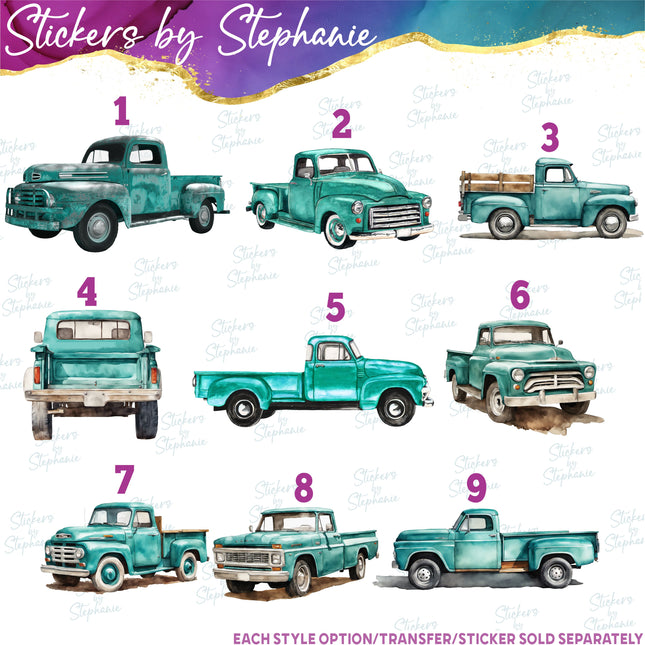 (s02-090) Turquoise Retro Vintage Truck Graphic Iron-On Transfer