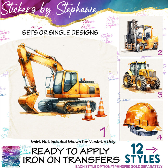 (s02-092) Construction Vehicles Watercolor Graphic Iron-On Transfer