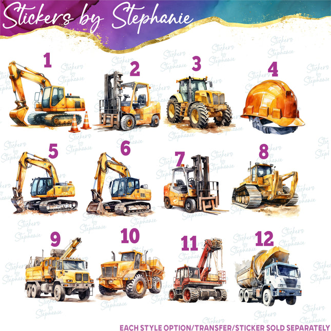 (s02-092) Construction Vehicles Watercolor Graphic Iron-On Transfer