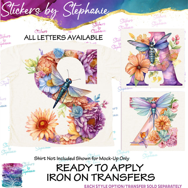 (s02-094) Dragonfly Flower Floral Letters Graphic Iron-On Transfer