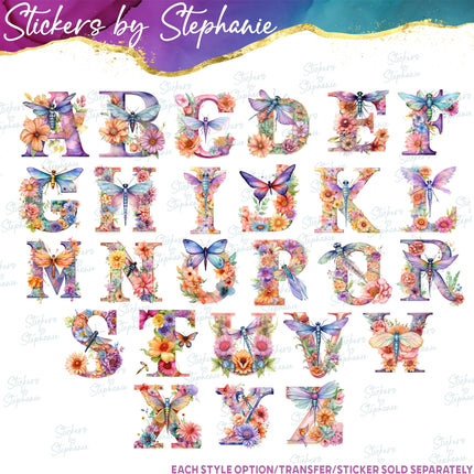 (s11-051) Dragonfly Flower Floral Letters Graphic Iron-On Transfer or Sticker