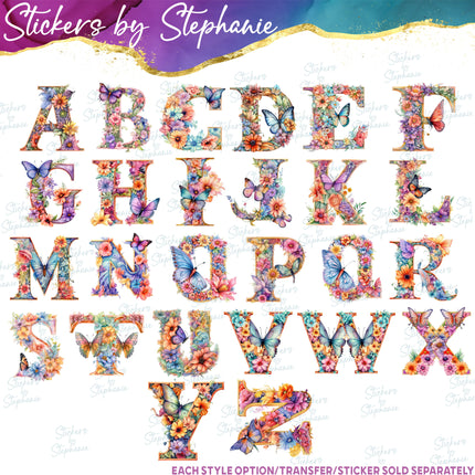 (s11-052) Butterfly Flower Floral Letters Graphic Iron-On Transfer or Sticker