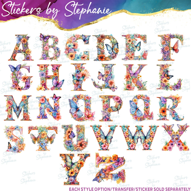 (s02-095) Butterfly Flower Floral Letters Graphic Iron-On Transfer