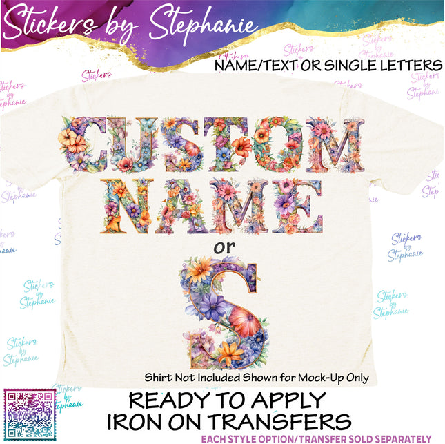 (s11-053) Flower Floral Letters Graphic Iron-On Transfer or Sticker