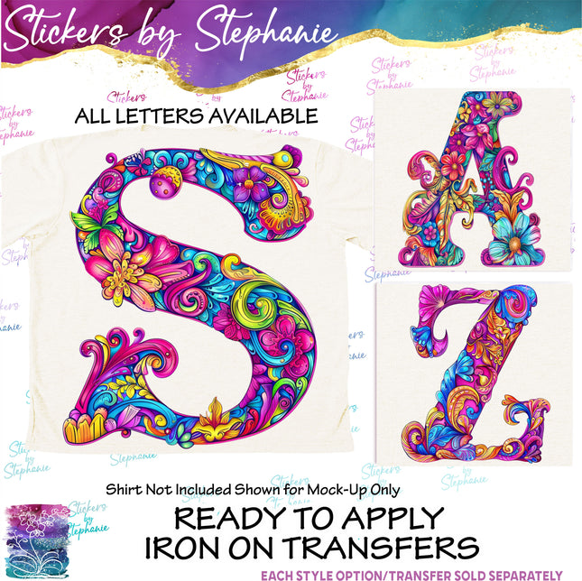 (s02-097) Hippie Retro Flower Floral Letters Graphic Iron-On Transfer