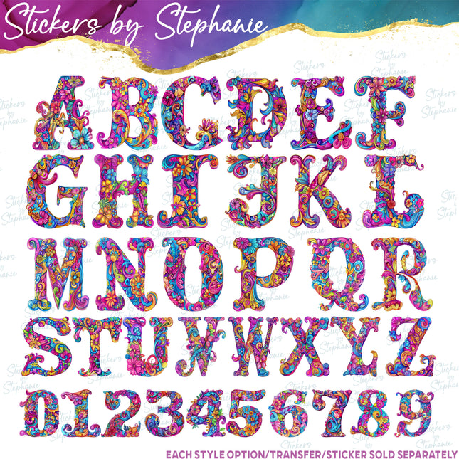 (s02-097) Hippie Retro Flower Floral Letters Graphic Iron-On Transfer