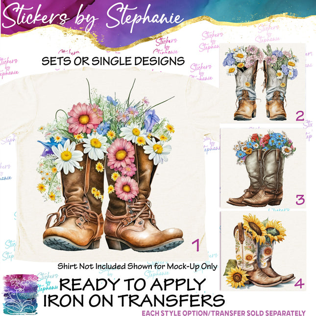 (s02-098) Flower Floral Cowboy Boots Graphic Iron-On Transfer