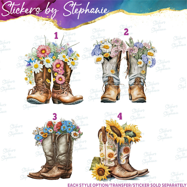 (s02-098) Flower Floral Cowboy Boots Graphic Iron-On Transfer