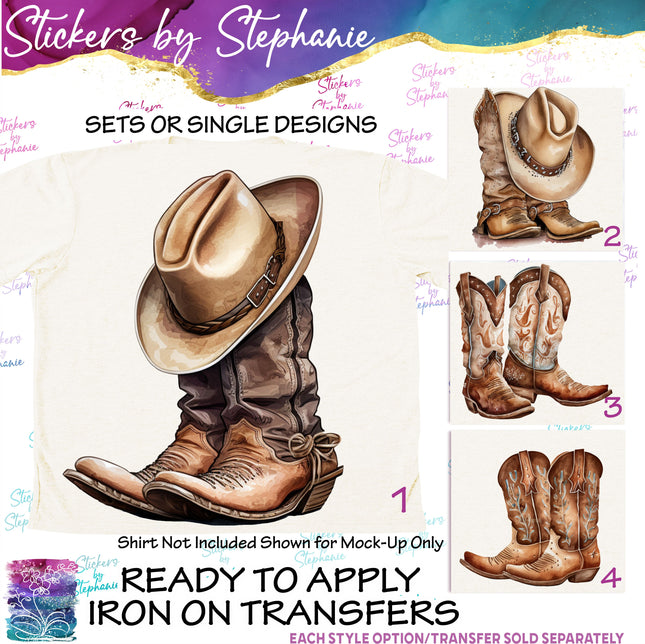 (s02-099) Cowboy Boots Hat Watercolor Graphic Iron-On Transfer