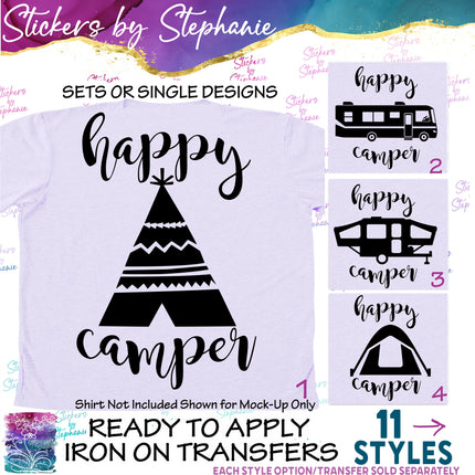 (s03-208) Happy Camper Teepee Tent RV Iron-On Transfer or Sticker