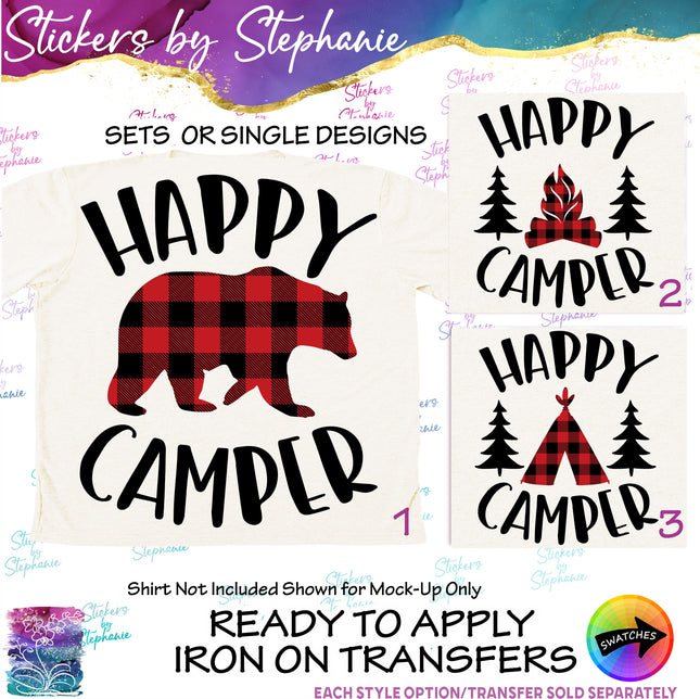 (s03-210) Happy Camper Buffalo Plaid Bear Teepee Campfire Iron-On Transfer